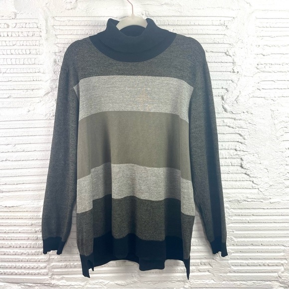 Calvin Klein Color Block Stripe Turtleneck Sweater Tunic Gray Green Black SZ XL. - Picture 1 of 14
